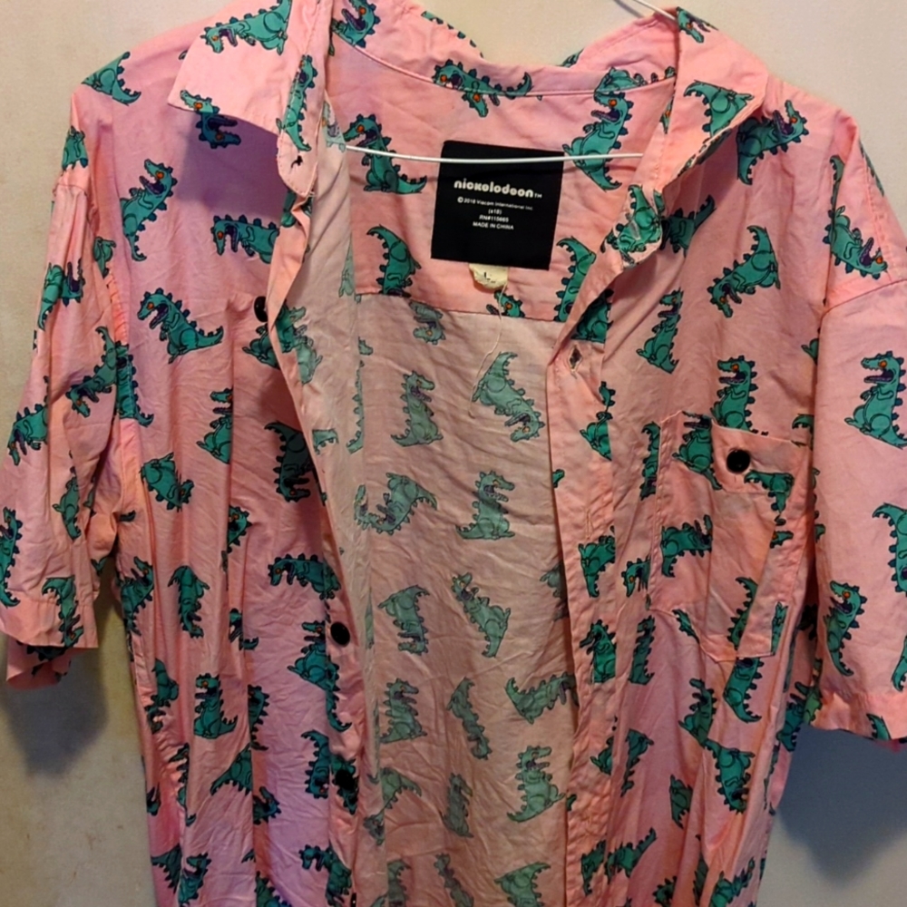 COPY - Nickelodeon Rugrats Reptar Button Down Shirt. Size L Large. Pink